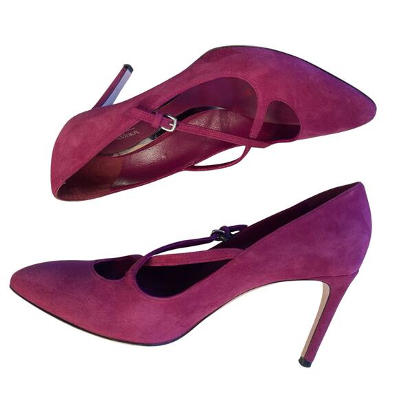 Sebastian Milano Pink Fuchsia Suede Pumps Shoes Crisscross Buckle Strap 8.5B - Picture 3 of 9
